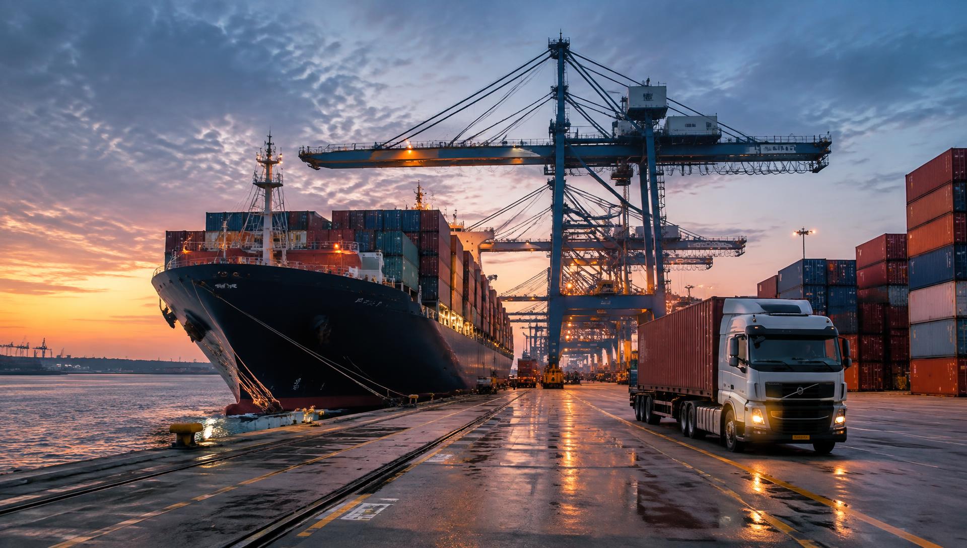 Kapal kontainer, crane, dan truk cargo di pelabuhan
